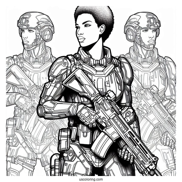 Futuristic Soldier Coloring Page Outline