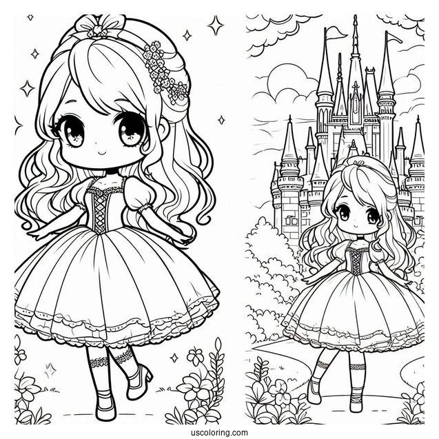 Kawaii Chibi Cinderella Outside Castle Coloring Page For Kids