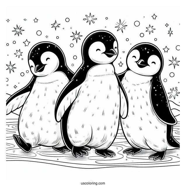 3 Emperor Penguins On Ice Coloring Page
