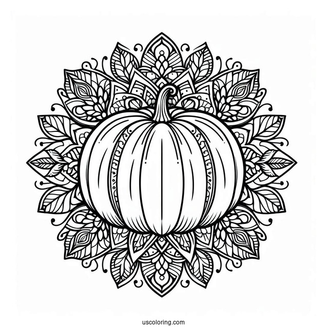 Intricate Pumpkin Coloring Page Mandala With Leaves