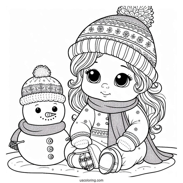 Baby Coloring Page In Winter Clothes Sitting Next To A Snowman