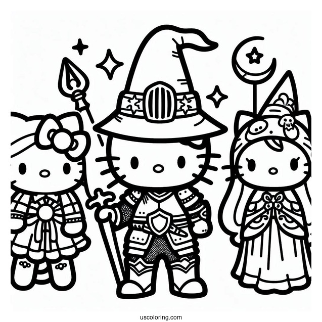 Sanrio Coloring Pages Of Hello Kitty Knight, Sorcerer My Melody, And Witch Kuromi