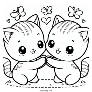 Two Cute Coloring Page Cats Playing For Kids