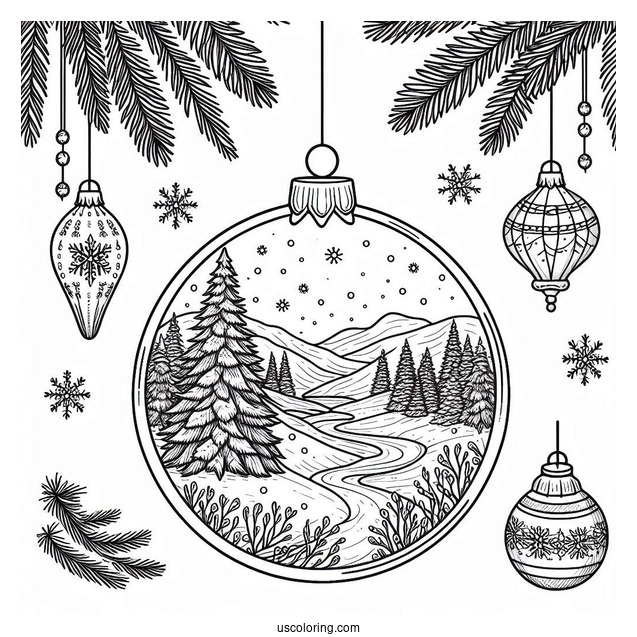 Detailed Winter Landscape Inside Bauble Christmas Ornaments Coloring Page