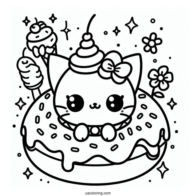 Cat Themed Kawaii Donut Coloring Page