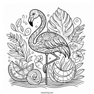 Coloring Page Of a Tropical Themed Flamingo