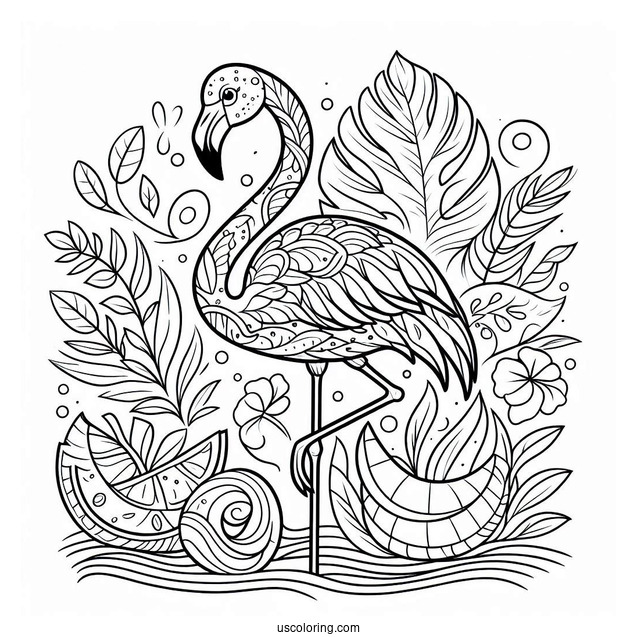 Coloring Page Of a Tropical Themed Flamingo