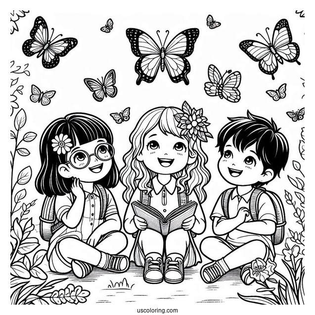 Three Children Enjoying The Butterflies