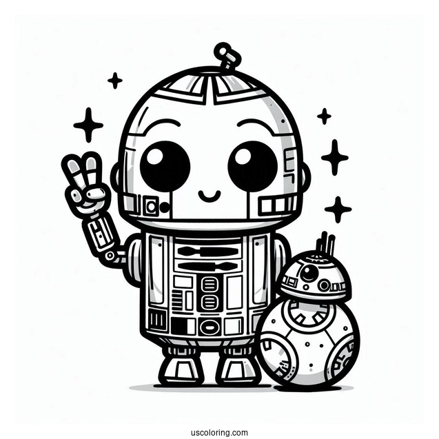 Chibi C3PO With R2 D2 Coloring Page For Preschoolers