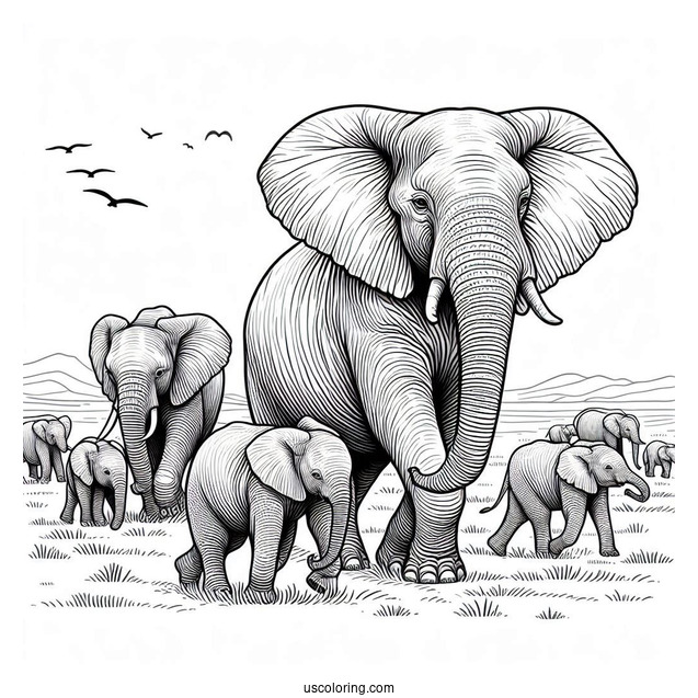 Herd Of Elephants On The Plains Coloring