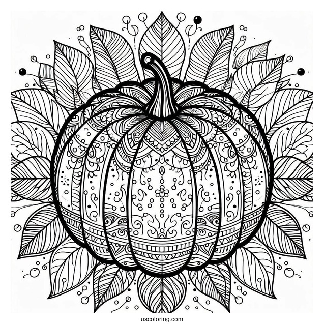 Intricate Pumpkin Coloring Page Mandala With Leaves