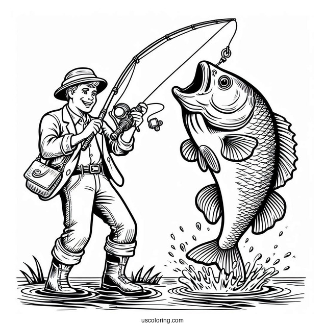Fishing Coloring Page Of Cartoon Man Catching A Large Fish