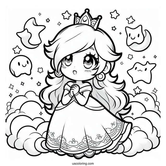 Chibi Princess Rosalina In The Sky With Lumas Coloring Sheet