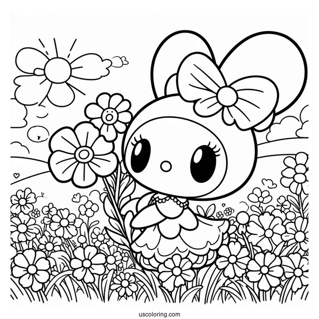 My Melody Coloring Page In Flower Field With Kuromi