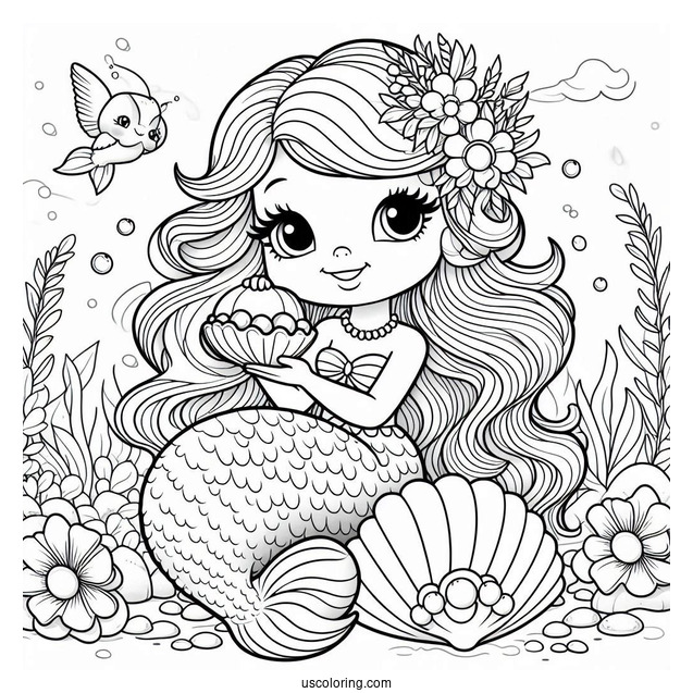 Mermaid Polly Pocket Coloring Page Holding Mussel With Pearl