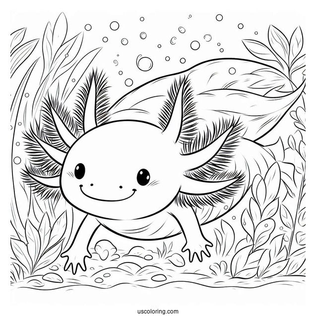 Cheerful Axolotl Coloring Page Swimming Through Weeds