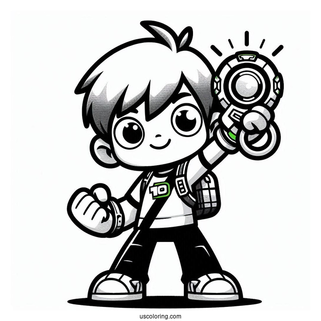 Ben 10 Coloring Page Of Kawaii Ben Ten Holding Up Omnitrix For Preschoolers