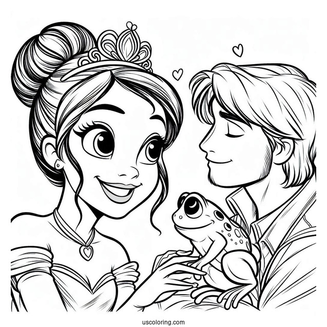 Princess Tiana Smiling At Frog Prince Naveen Coloring Page