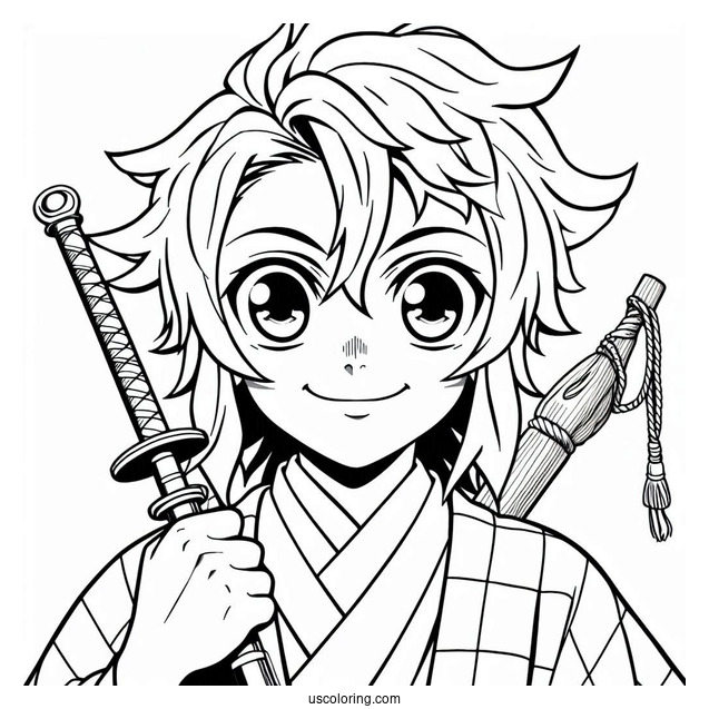 Smiling Tanjiro Coloring Page Holding Nichirin Sword Behind Him