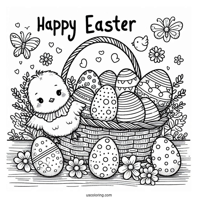 Happy Easter Coloring Page With Chicks And Eggs In Basket