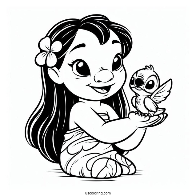 Lilo Holding a Baby Bird Coloring Page