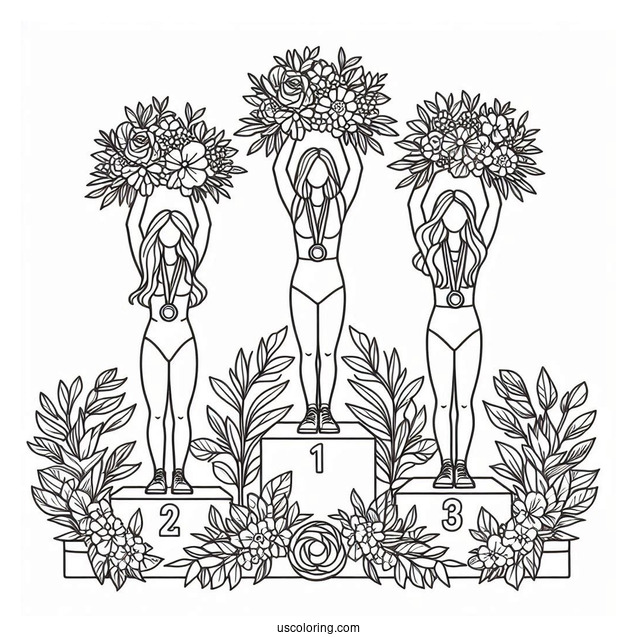 Olympics Coloring Page Of Athletes On Tri Level Podium With Medals And Flowers