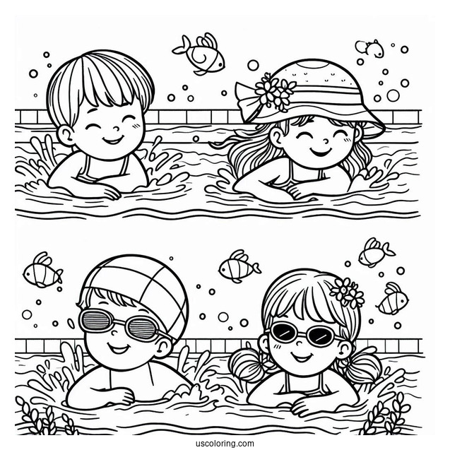 Kids Swimming Coloring Page In The Pool