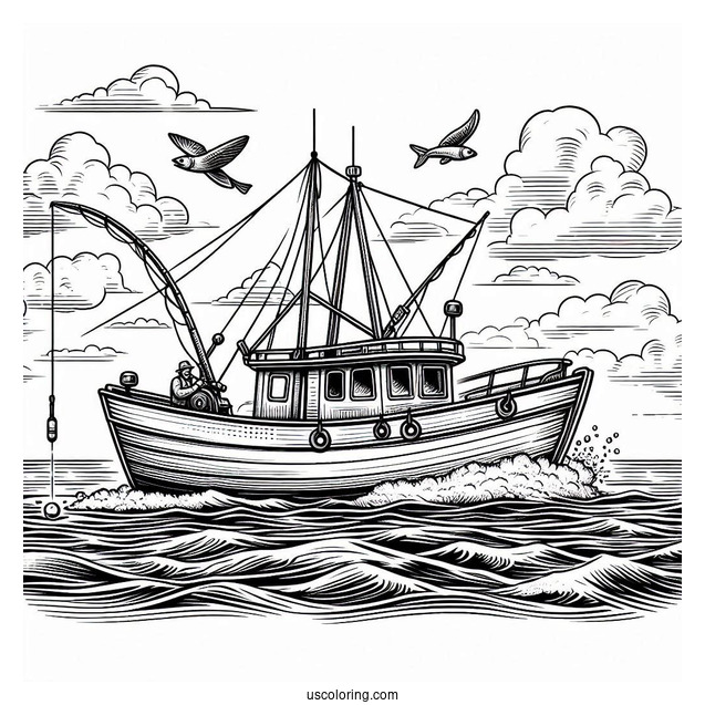 Large Fishing Coloring Page Boat In The Middle Of The Sea