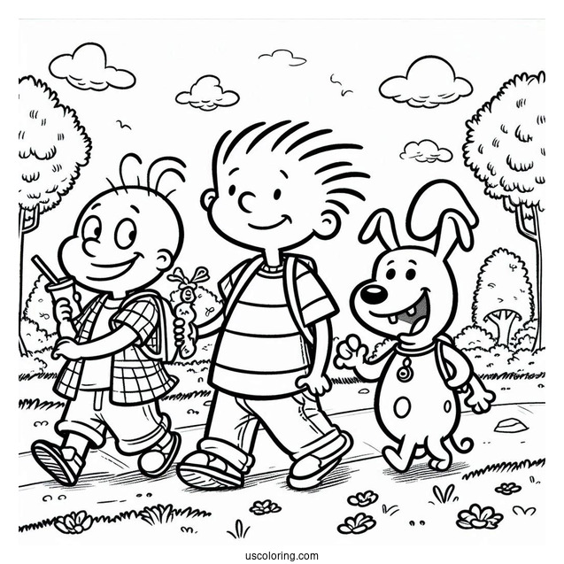 Nickelodeon Coloring Page Of Doug, Skeeter, And Porkchop Walking In Park
