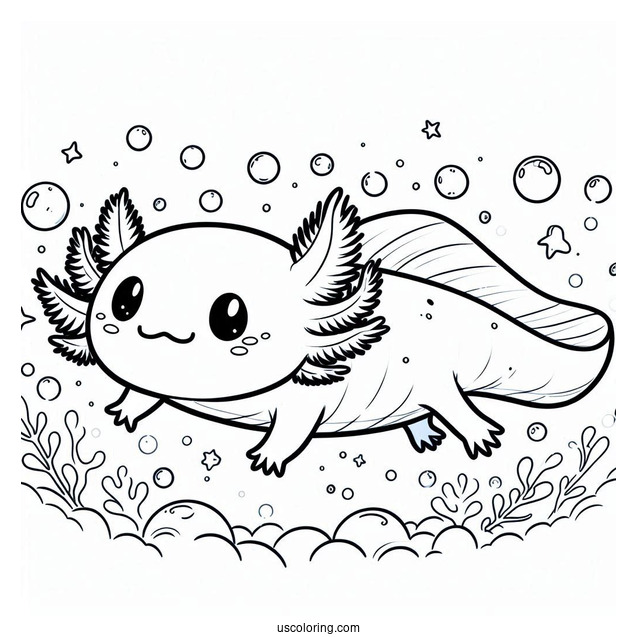 Chibi Axolotl Coloring Page Swimming For Kids