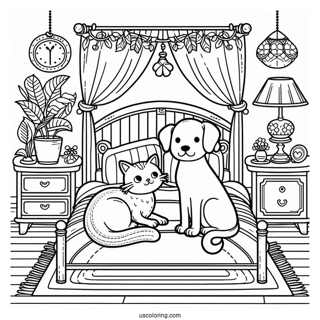 Bedroom Coloring Page Of Dog And Cat Resting On A Bed For Kids