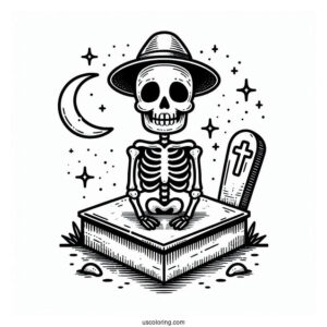 Cute Skeleton Coloring Page In Hat Sitting On Tombstone Halloween