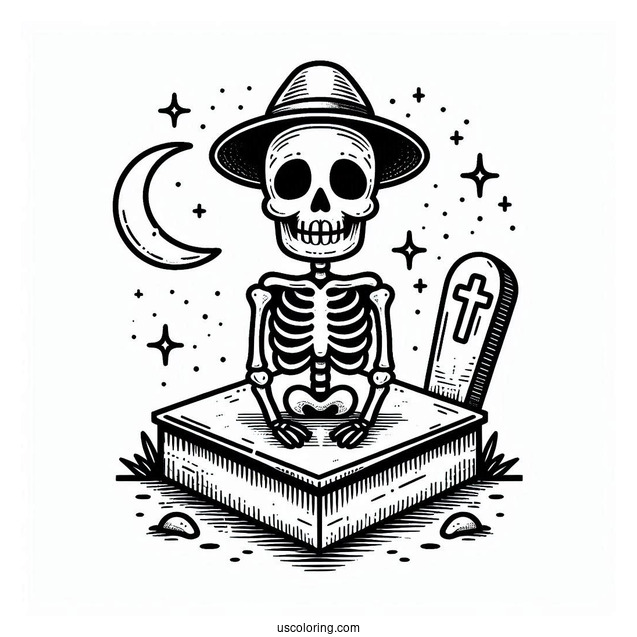 Cute Skeleton Coloring Page In Hat Sitting On Tombstone Halloween