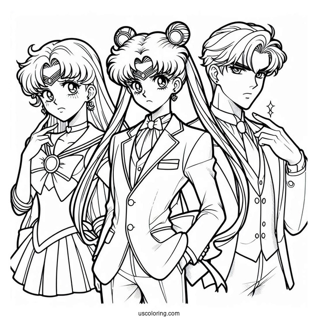 Sailor Moon, Tuxedo Mask, and Chibusa Coloring In