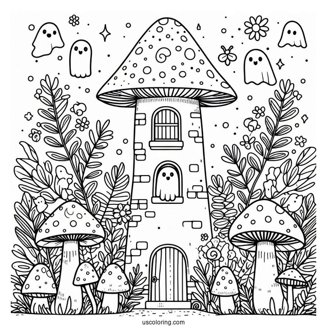 Mushroom Coloring Page Tower With Ghost And Floral Backgrounds