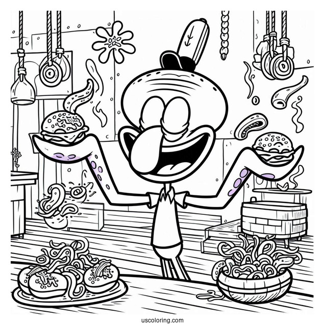 Squidward Coloring Page In The Krusty Krab Kitchen