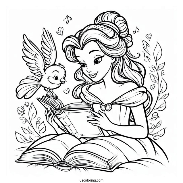 Coloring Sheet Of Belle Reading a Book With Bird