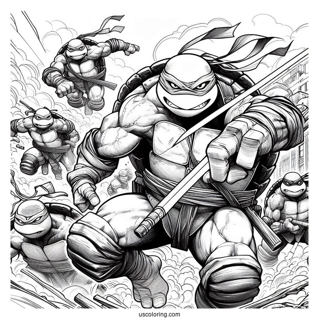 Ninja Turtles Coloring Page Of Raphael, Donatello, Michelangelo, And Leonardo Charging At Enemy