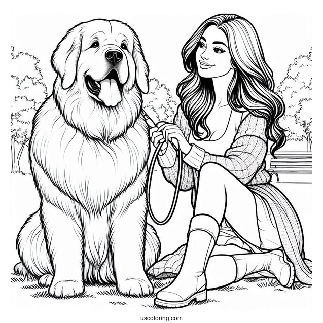 Woman Playing With Large Dog In Park Coloring Sheet