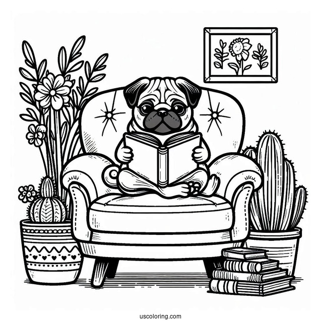 Pug Coloring Page Reading a Book in Armchair