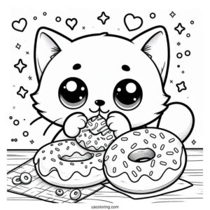 Coloring Sheet Of Cute Cat Eating Donut