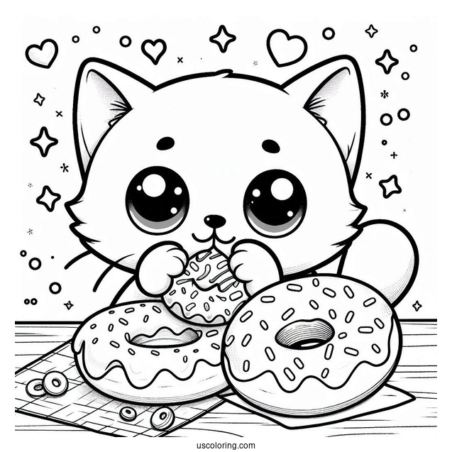 Coloring Sheet Of Cute Cat Eating Donut
