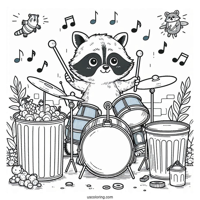 Raccoon Coloring Page Playing Drums With Trash Bins