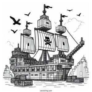 Minecraft Pirate Ship Coloring Page Docked At The Port