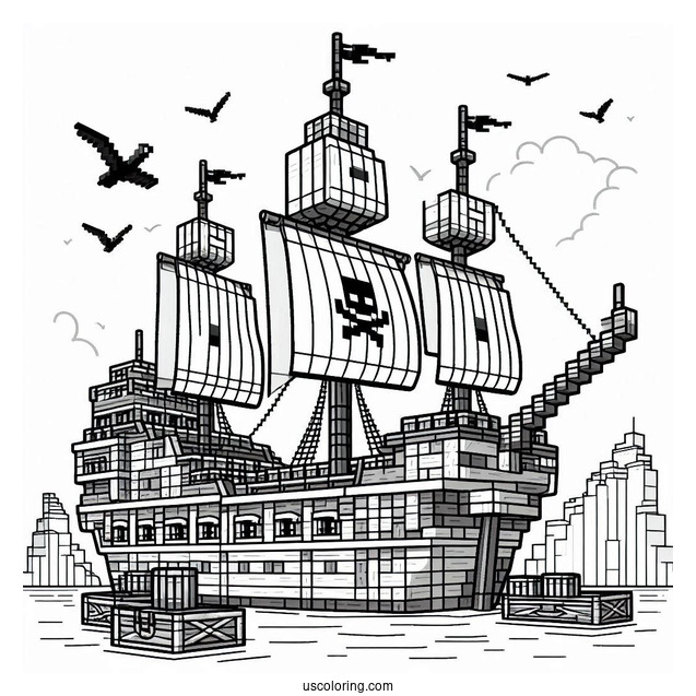 Minecraft Pirate Ship Coloring Page Docked At The Port