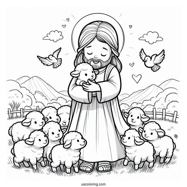 Easy Cute Cartoon Jesus With Lambs Coloring In
