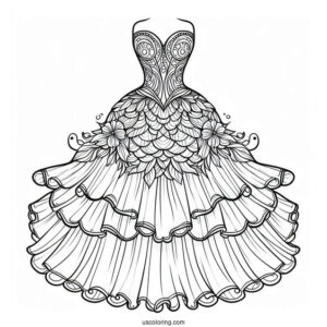 Mermaid Dress Coloring Page With Large Layered Tulle Bottom