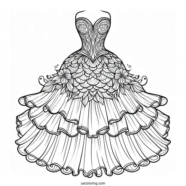Mermaid Dress Coloring Page With Large Layered Tulle Bottom