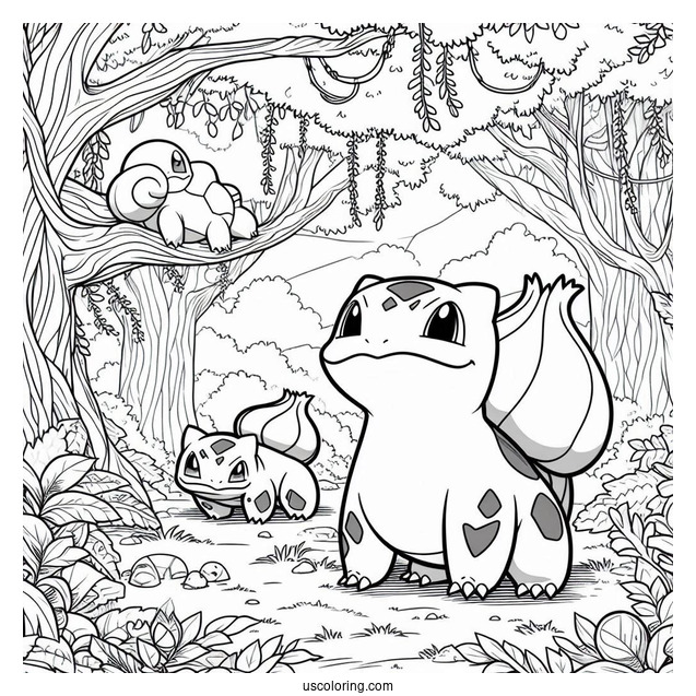 Bulbasaur Coloring Page With Charmander And Squirtle In Forest