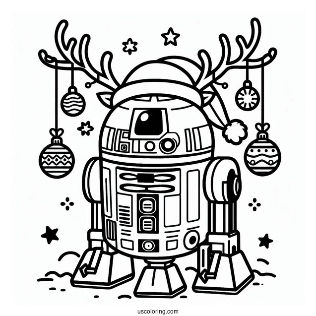 Cute R2-D2 Coloring Page With Antlers And Christmas Baubles For Kids